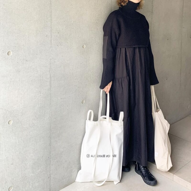 Zara dress, Margiela cotton tote bag and Solace short knit