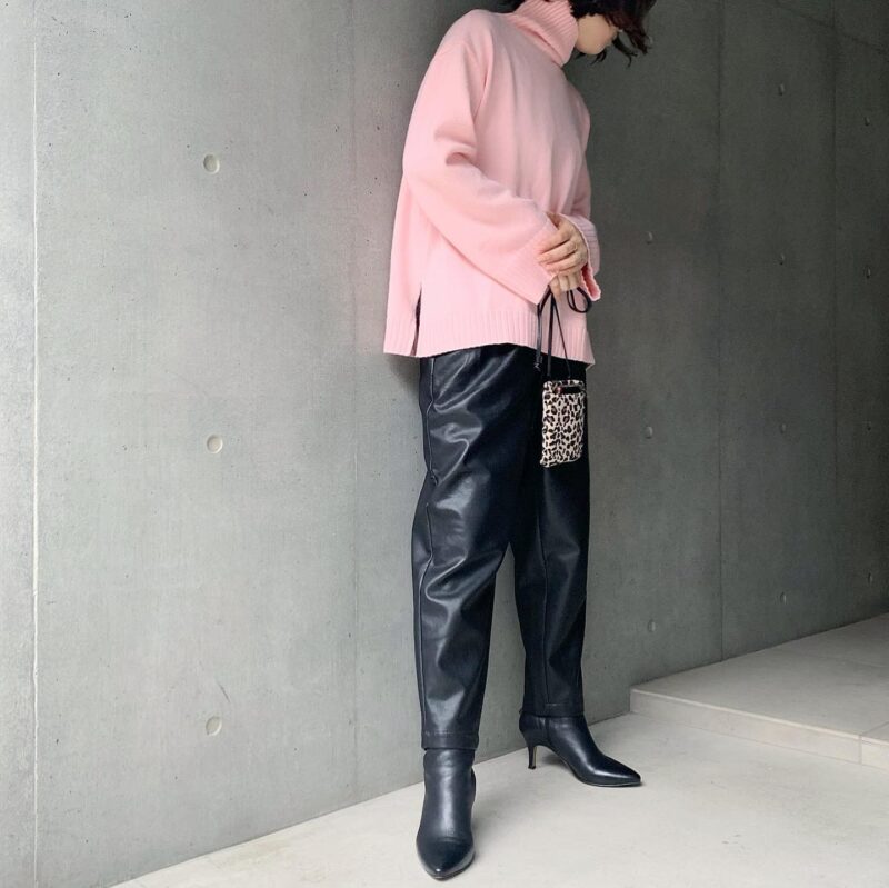 GU Faux Leather Easy Pants with Boots and Pink Knit